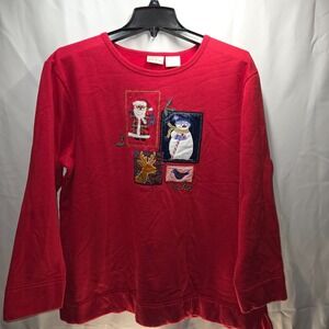 Bobbie Brooks XL Red Ugly Christmas Sweater VTG Snowman Santa Deer